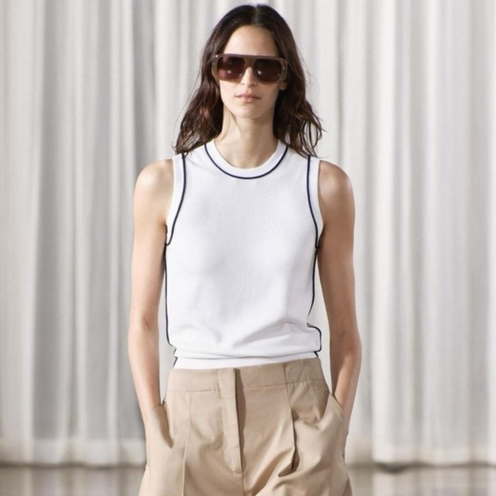 Zara Knit Tank Top XL White‎ Navy Quiet Luxury Preppy Minimalist Contrast Trim